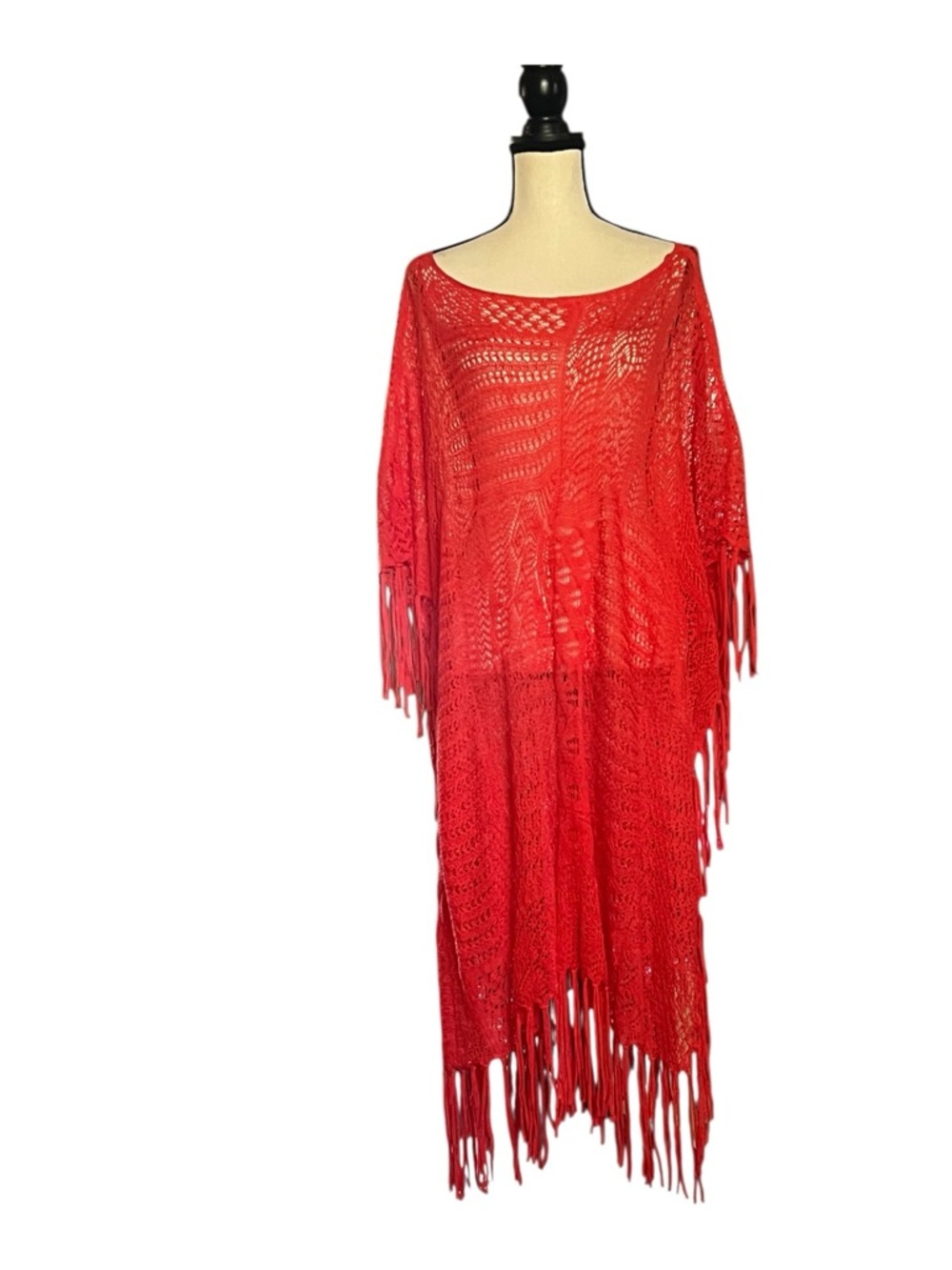 Lauren Ralph Lauren Boho Vibrant Long Fringe Crochet Open knit Poncho. L/XL - Picture 3 of 9